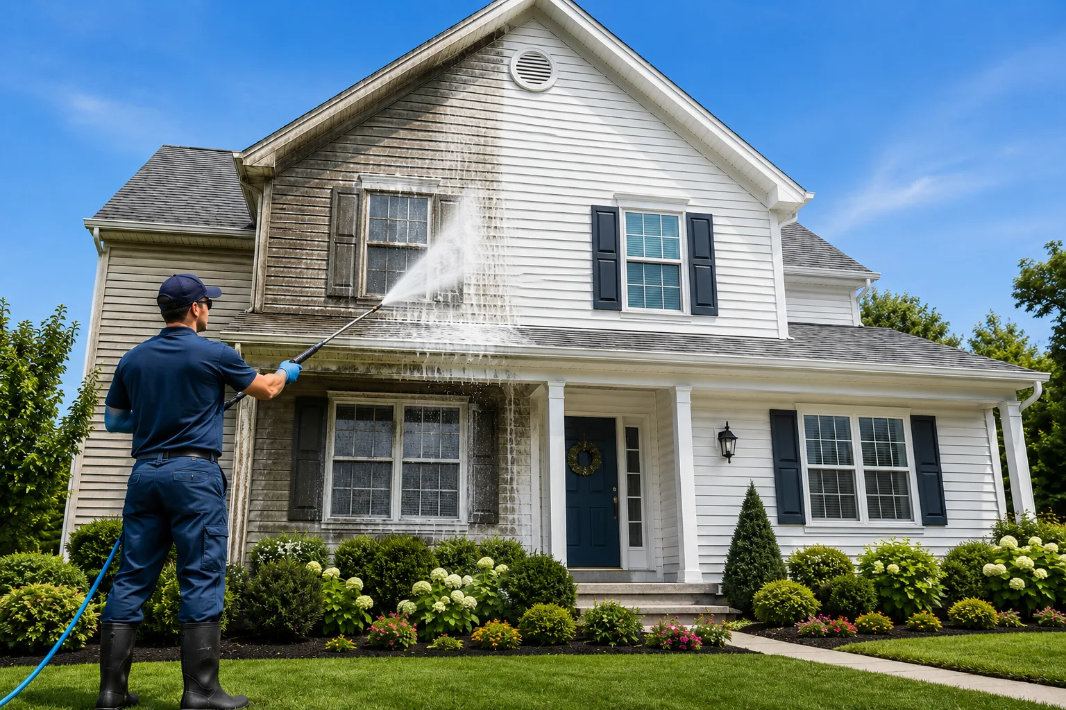 Clean Hamilton suburban home exterior after a soft-wash, taken from the driveway approach