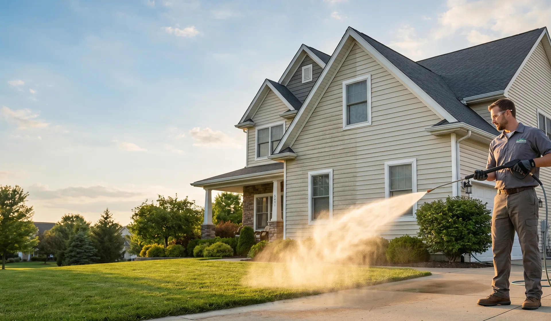 Soft-wash technician cleaning a two-storey home exterior at golden hour in a Hamilton neighbourhood