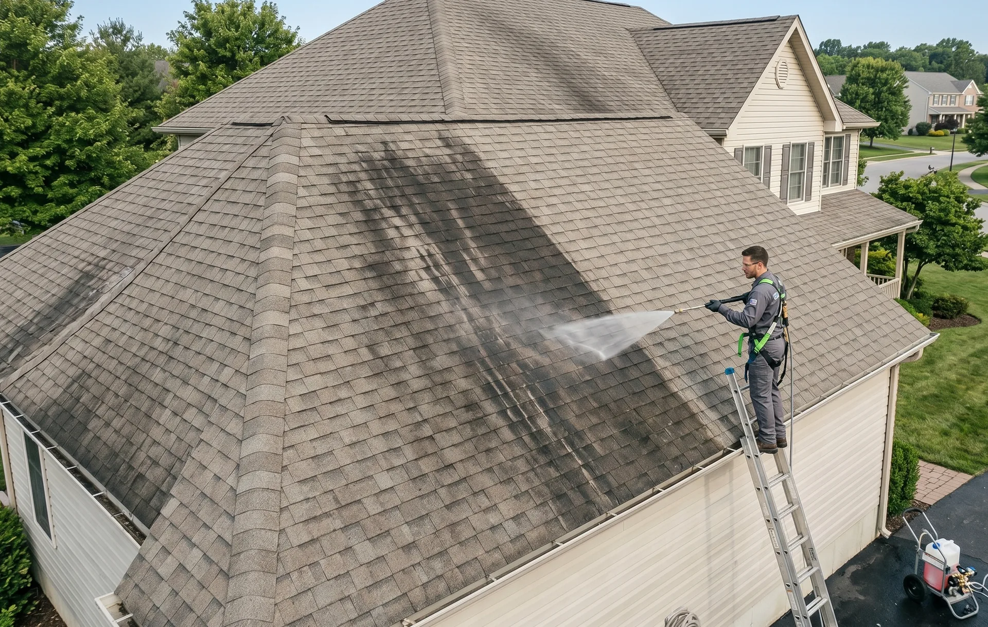 Hamilton chimney being cleaned with ARMA-compliant no-walk method from extension wand