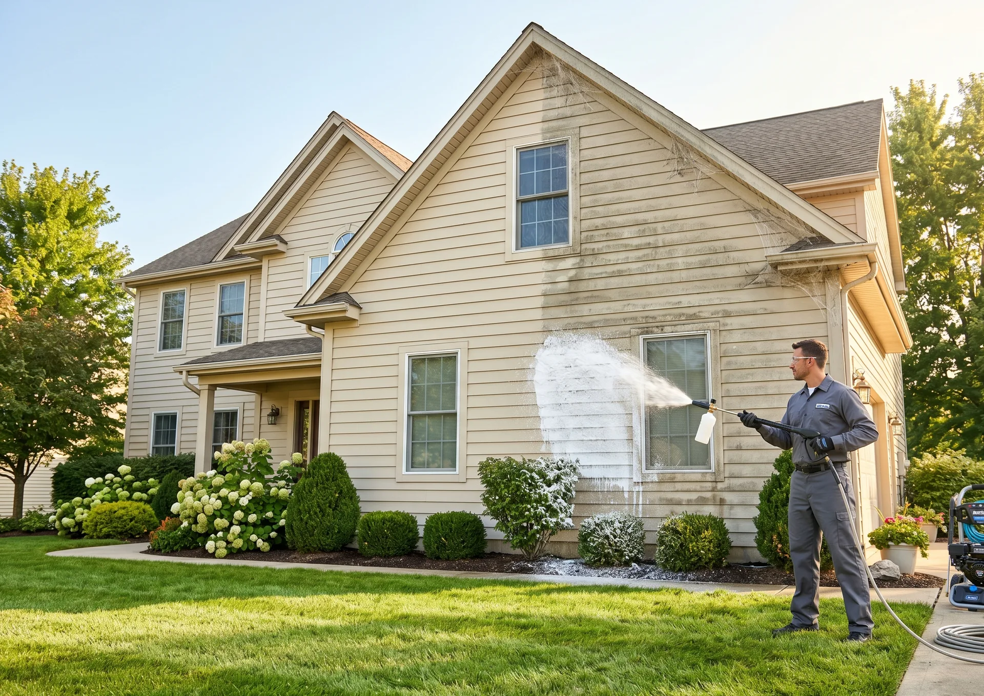 Hamilton Pressure Washing Hamilton crew completing stucco soft-wash with bottom-up rinse
