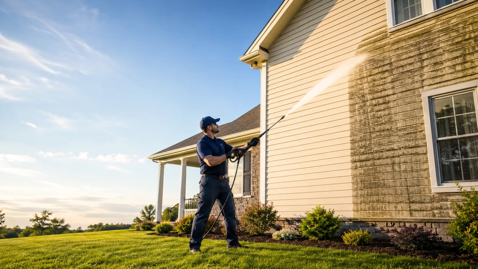 Hamilton technician soft-washing the upper storey of a vinyl-siding home with a low-pressure surfactant rig