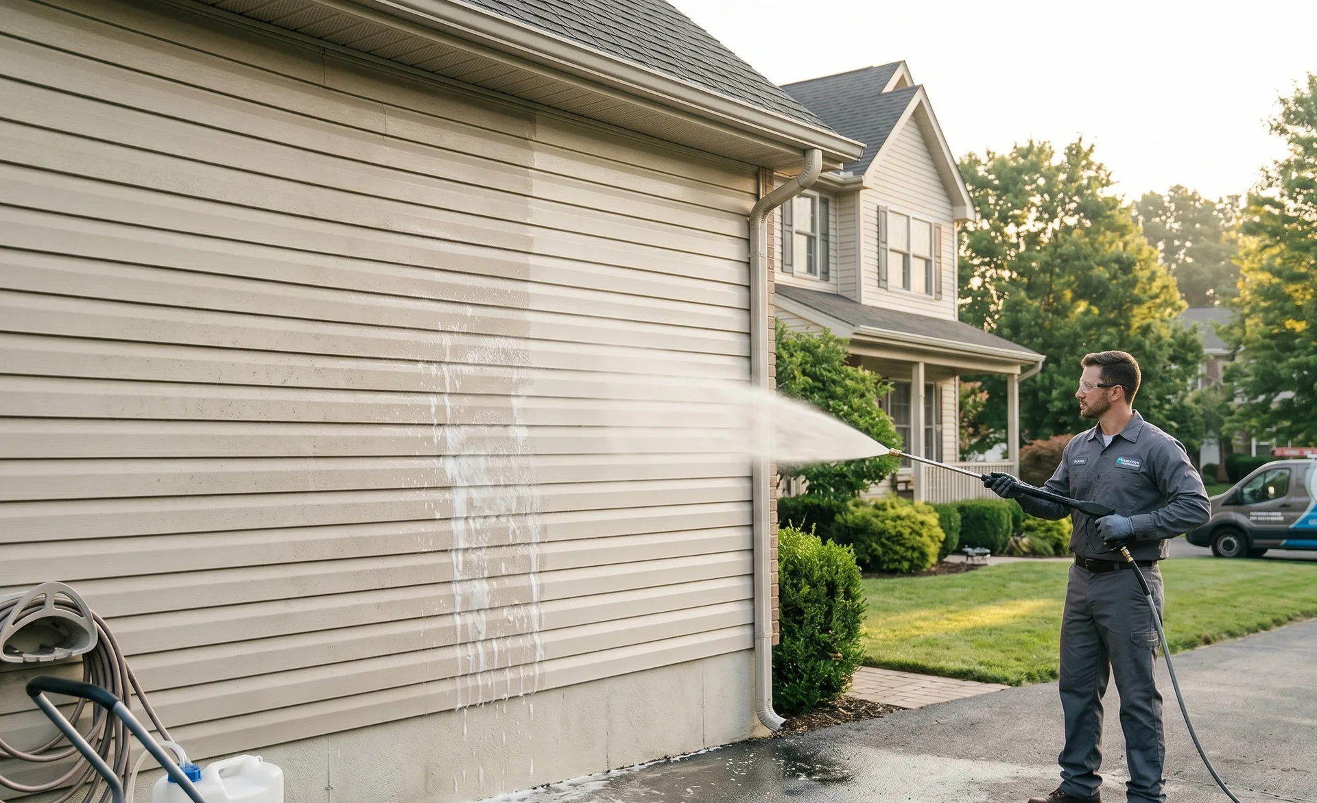 Close-up of soft-wash chemistry being applied to delicate vinyl siding in Hamilton